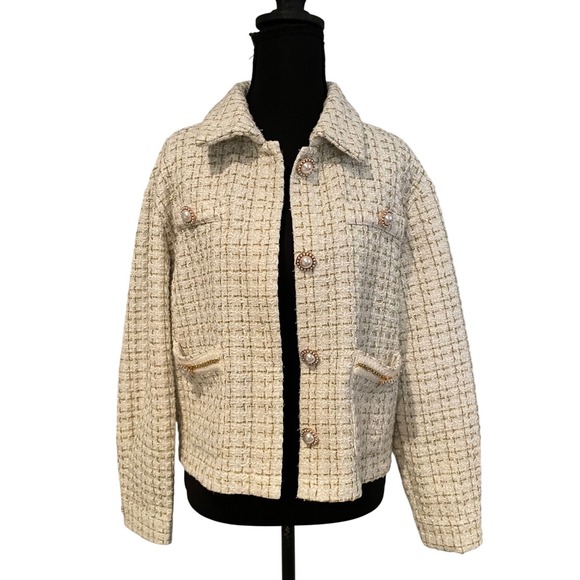 Simply Southern Jackets & Blazers - Simply Southern Tweed Jacket Pearls Gold Chain Women's M Preppy Statement Jacket